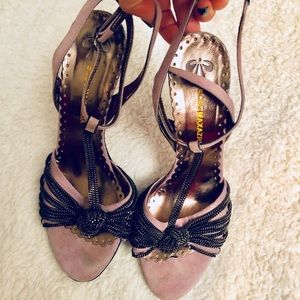 BCBG suede t-strap chain stiletto sandals